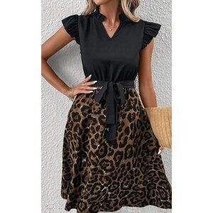 Black Leopard Print Flutter Sleeve Bow Belted Dress